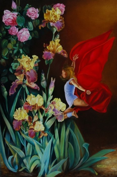 Peinture intitulée "L'ELFE AUX FLEURS" par Yvette Matysiak, Œuvre d'art originale, Huile