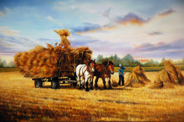 Painting titled "MOISSON A L'ANCIENNE" by Yvette Matysiak, Original Artwork, Oil