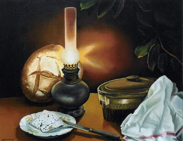 Painting titled "REPAS DU SOIR" by Yvette Matysiak, Original Artwork, Oil