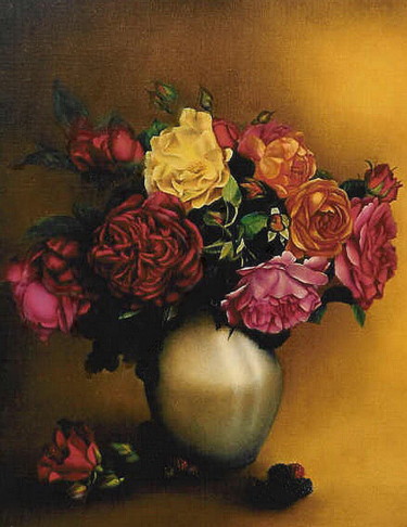 Painting titled "JOLIES ROSES POUR M…" by Yvette Matysiak, Original Artwork, Oil