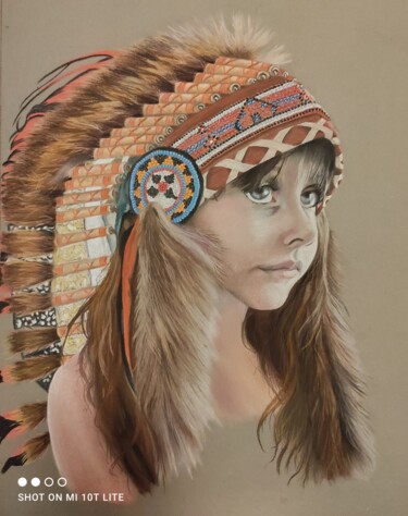 Painting titled "L'indienne" by Maud Berhault, Original Artwork, Pastel Mounted on Wood Panel