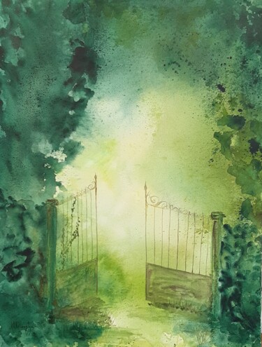 Painting titled "Le passage" by Maud Obraztsov, Original Artwork, Watercolor Mounted on Wood Stretcher frame