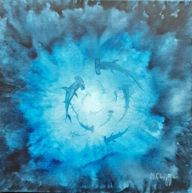 Pintura intitulada "Valse bleue" por Maud Obraztsov, Obras de arte originais, Aquarela Montado em Armação em madeira