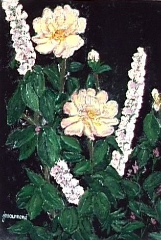 Painting titled "ROSIER ET LUPIN" by Jacques Maumené, Original Artwork, Oil