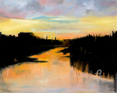 Painting titled "Dusk over the River" by Maureen Gillespie, Original Artwork, Oil