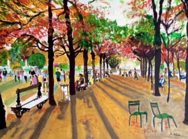 Painting titled "Au jardin du Luxemb…" by Maurice Bellolo, Original Artwork, Oil Mounted on Wood Stretcher frame