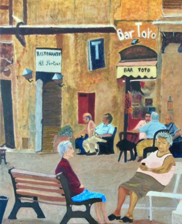 Schilderij getiteld "Bar ToTo" door Maurice Bellolo, Origineel Kunstwerk, Olie Gemonteerd op Frame voor houten brancard