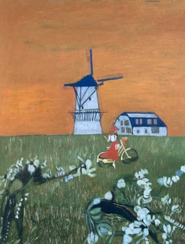 Painting titled "Le moulin à vent -…" by Maurice Bellolo, Original Artwork, Oil Mounted on Wood Stretcher frame