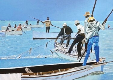 Painting titled "Les pêcheurs" by Maurice Bellolo, Original Artwork, Oil Mounted on Wood Stretcher frame