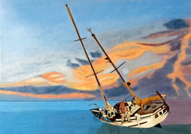 Painting titled "Le bateau échoué" by Maurice Bellolo, Original Artwork, Oil Mounted on Wood Stretcher frame