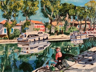 Painting titled "Le canal du midi" by Maurice Bellolo, Original Artwork, Oil Mounted on Wood Stretcher frame