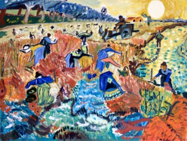 Картина под названием "Vignobles rouges à…" - Maurice Bellolo, Подлинное произведение искусства, Масло Установлен на Деревян…