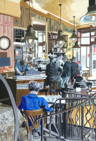 Painting titled "Le Bistrot" by Maurice Bellolo, Original Artwork, Oil Mounted on Wood Stretcher frame