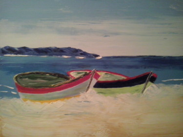 Peinture intitulée "Barques rouge et ve…" par Maurice Lucien Fus, Œuvre d'art originale, Huile