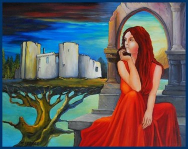 Peinture intitulée "La Dame en rouge" par Maurice Lepage, Œuvre d'art originale