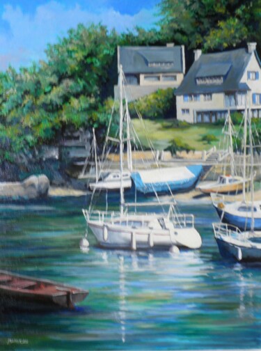 Painting titled "Pont-Aven" by Maurice Marreau, Original Artwork, Oil Mounted on Wood Stretcher frame