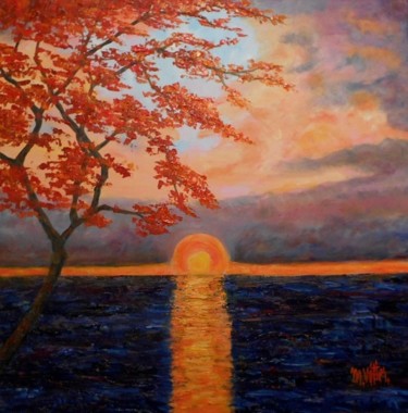Painting titled "Couché de soleil su…" by Maurice Vetier, Original Artwork, Oil Mounted on Wood Stretcher frame