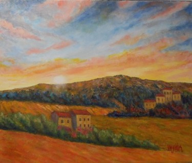 Painting titled "Soleil couchant sur…" by Maurice Vetier, Original Artwork, Oil Mounted on Wood Stretcher frame