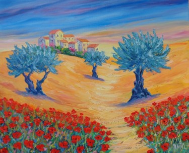 Painting titled "Coquelicots en Prov…" by Maurice Vetier, Original Artwork, Oil Mounted on Wood Stretcher frame