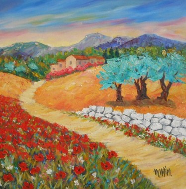 Painting titled "Coquelicots en Prov…" by Maurice Vetier, Original Artwork, Oil Mounted on Wood Stretcher frame