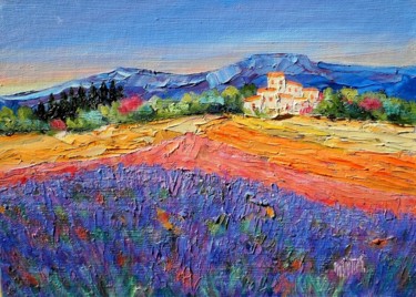 Painting titled "Lavandes en Provence" by Maurice Vetier, Original Artwork, Oil Mounted on Wood Stretcher frame