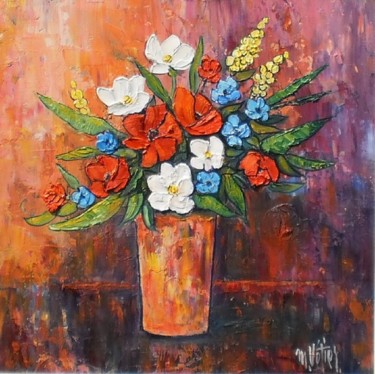 Painting titled "Bouquet bleu blanc…" by Maurice Vetier, Original Artwork, Oil Mounted on Wood Stretcher frame