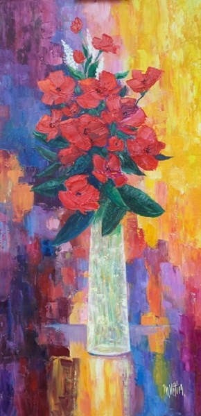 Painting titled "Bouquet rouge" by Maurice Vetier, Original Artwork, Oil Mounted on Wood Stretcher frame
