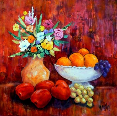 Painting titled "Coupe de fruits et…" by Maurice Vetier, Original Artwork, Oil Mounted on Wood Stretcher frame