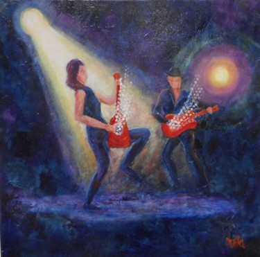 Painting titled "Les guitaristes" by Maurice Vetier, Original Artwork, Oil Mounted on Wood Stretcher frame