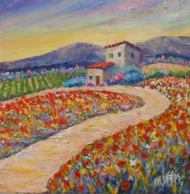 Painting titled "Chemin et coquelico…" by Maurice Vetier, Original Artwork, Oil