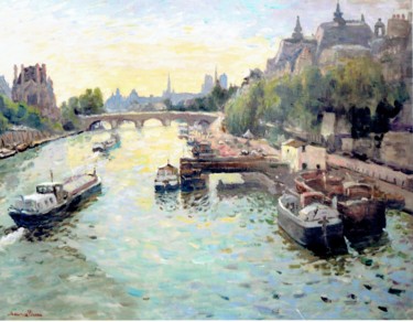 Painting titled "Le Pont de la Seine" by Maurice Fhima, Original Artwork, Oil