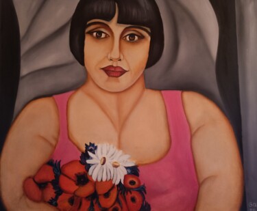 Peinture intitulée "Nana au bouquet" par Mauricette Henot, Œuvre d'art originale, Huile