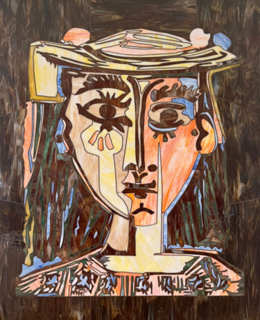 WOMAN IN A HAT WITH POMPOMS AND A PRINTED BLOUSE - HAND MAD Collages titled "WOMAN IN A HAT WITH…" by Mauricio Aybar & Andrea Castiglione (Maurimosaic), Original Artwork, Collages Moun…