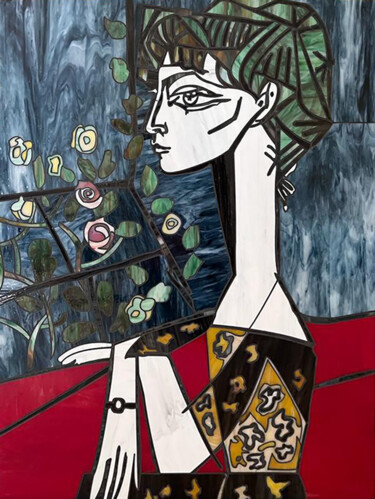 Collagen mit dem Titel "Jacqueline with Flo…" von Mauricio Aybar & Andrea Castiglione (Maurimosaic), Original-Kunstwerk, Col…