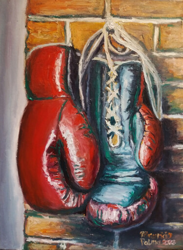 Schilderij getiteld "Boxing gloves hangi…" door Mauricio Palma, Origineel Kunstwerk, Olie