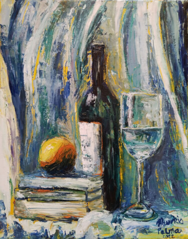 Картина под названием "Books, wine and an…" - Mauricio Palma, Подлинное произведение искусства, Масло