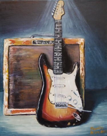 Fender Stratocaster and an Old Amp Schilderij getiteld "Fender Stratocaster…" door Mauricio Palma, Origineel Kunstwerk, Olie