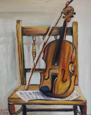 Painting titled "Violin on a chair" by Mauricio Palma, Original Artwork, Oil