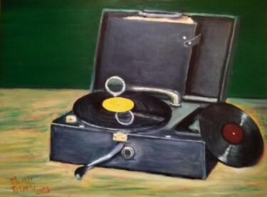 Painting titled "The Vinyl Player" by Mauricio Palma, Original Artwork, Oil