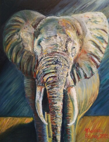 Painting titled "Elephant's portrait" by Mauricio Palma, Original Artwork, Oil