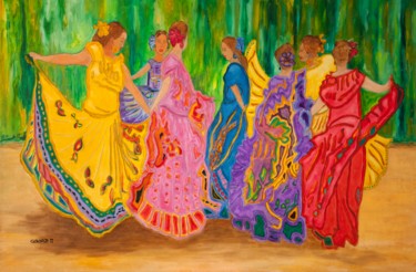 Pintura intitulada "Manabitan dance." por Mauricio Galarza Madrid, Obras de arte originais, Óleo Montado em artwork_cat.