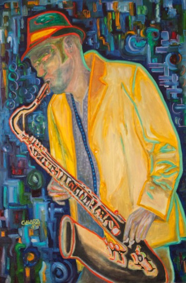 Schilderij getiteld "Saxophonist." door Mauricio Galarza Madrid, Origineel Kunstwerk, Olie