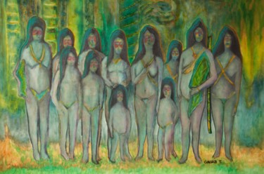 Malerei mit dem Titel "WAORANI WOMEN" von Mauricio Galarza Madrid, Original-Kunstwerk, Öl