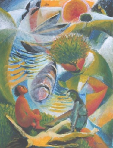 Malerei mit dem Titel "Gita al fiume" von Maurizio Aprea, Original-Kunstwerk