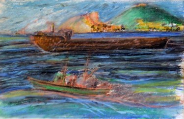 Pittura intitolato "Petroliera nel golfo" da Maurizio Aprea, Opera d'arte originale, Pastello