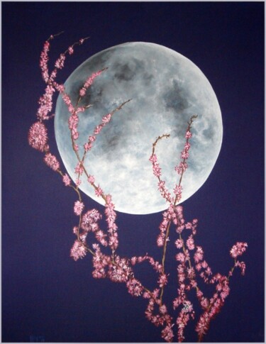 Peinture intitulée ""Moon and flowers"" par Mauro Rigacci, Œuvre d'art originale, Huile