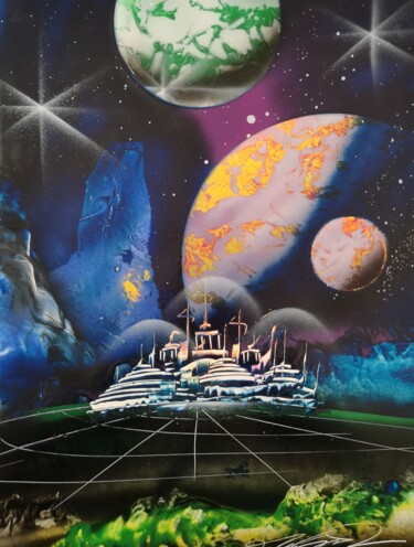 Painting titled "Space base" by Mauro Sposito, Original Artwork, Spray paint