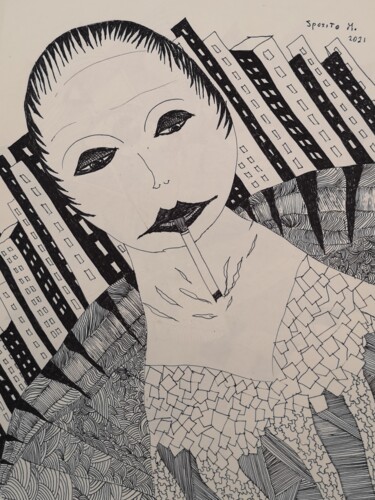 Dessin intitulée "La fumatrice" par Mauro Sposito, Œuvre d'art originale, Stylo gel