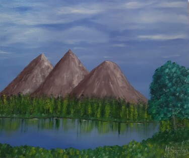Painting titled "Three Mountains" by Mauro Santos, Original Artwork, Oil Mounted on Wood Stretcher frame