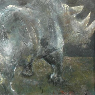 Schilderij getiteld "Rhinoceros" door Mauvisseau-Bordin, Origineel Kunstwerk, Olie